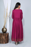Rayon embroidered flared wine kurta, three-quarter sleeves, great for festive wear