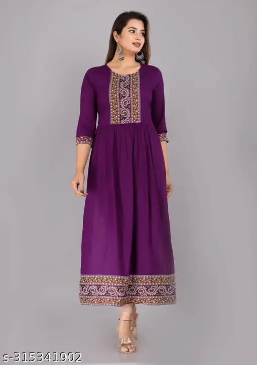 Rayon Nyra cut kurti for women, solid color with printed border, three-quarter sleeves, size S (36in bust, 46in length)