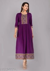 Rayon Nyra cut kurti for women, solid color with printed border, three-quarter sleeves, size S (36in bust, 46in length)
