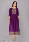 Rayon Nyra cut kurti for women, solid color with printed border, three-quarter sleeves, size S (36in bust, 46in length)