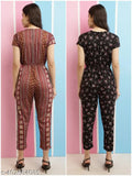 Printed rayon jumpsuit combo for women and girl, self-design net pattern, short sleeves, two sizes: S, M, L