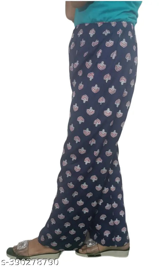 Printed rayon floral plazo trouser bottom wear, comfortable elastic waist with drawstring, multiple sizes available