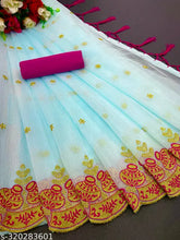 Super net embroidery work Matka saree with dupion silk blouse, soft super net fabric, intricate multi-thread embellishments, heavy plain banglory silk blouse, off white and mustard yellow colors