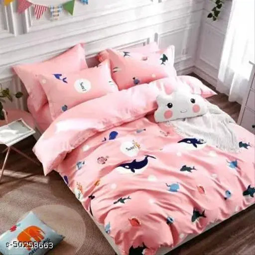 Microfiber voguish flat sheets, superfine cartoon print, 2 pillow covers included, glace cotton quality for others occasion, made in India