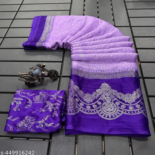 Chiffon saree with lace border, foil print, and zari woven blouse pattern. Indian-origin fashion accessory, free size, length 5.5m & blouse 0.8m