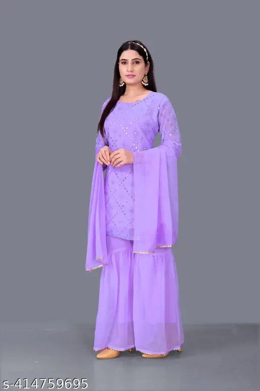 Georgette party wear set: embellished full-sleeve kurta sharara and dupatta with three-quarter sleeves, single size S-XXL, Indian origin