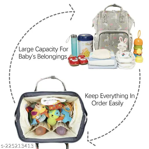 Grey unicon print diaper bag, spacious waterproof backpack for mothers with multiple pockets to organize baby essentials