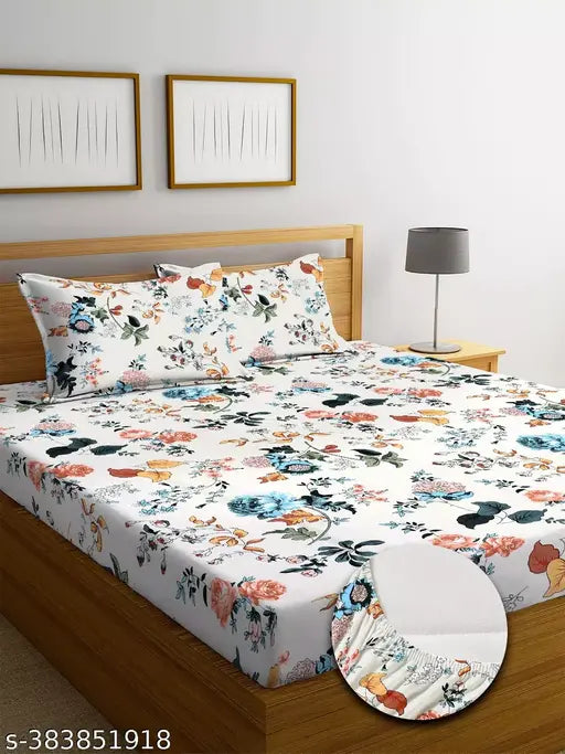 Multicolor floral-patterned DWORTH Premium Cotton Elastic Fitted Bedsheets (78x72in + 10in drop) with 2 King Size Pillow Covers, 220 TC Supersoft