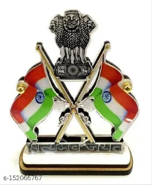 Indian Tiranga flag with Satyamev Jayate emblem in acrylic glass for car dashboard - official use, high-quality two-sided tricolor