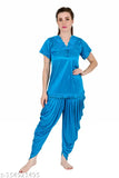 Unique satin women's night suit combo, solid-patterned set with patiala pants and short sleeves, India origin