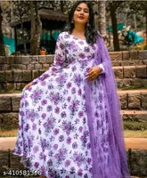 White and purple printed net georgette trending gown, long sleeves, on dress form
