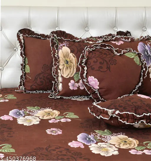 Ak Handloom King Size Floral Cotton Bedsheet Set with Decorative Frill Pillow Covers & Heart Shaped Cushions, Indian-made bedroom decor