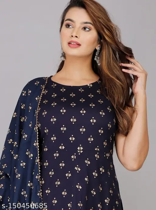 Navy Blue Rayon Sharara Set with Dupatta - STBF women's fashion, printed pattern on sleeveless kurta and bottomwear from India