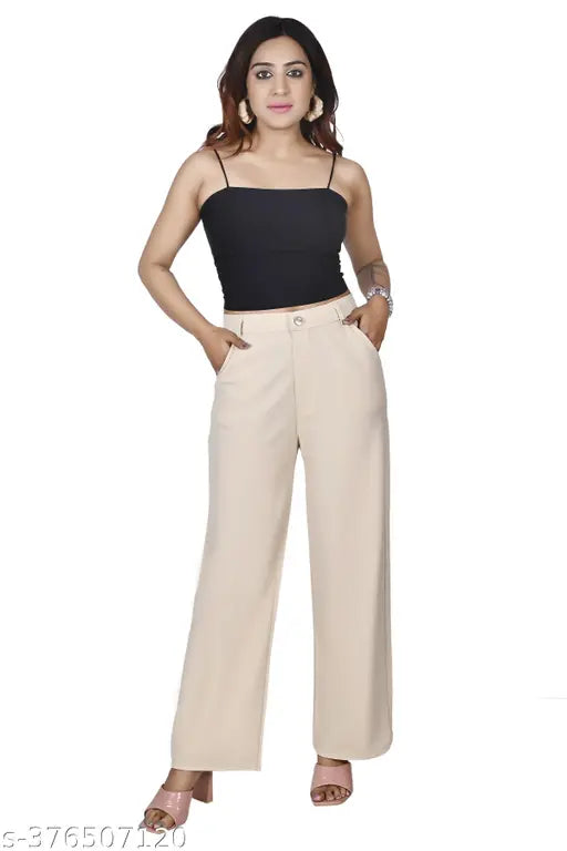 Comfortable cotton-lycra solid net formal trousers for women with side pocket - breathable, lightweight, home washable