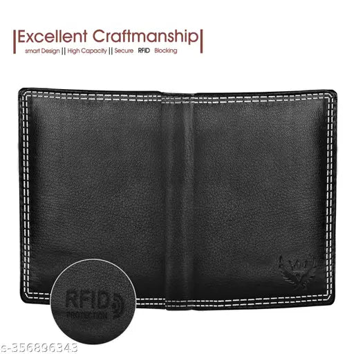 Black textured Nappa leather bi-fold wallet, RFID blocking, large capacity for men & women, features 9 card slots, 2 secret compartments, 2 ID windows, coin pocket