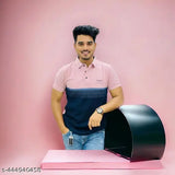 Mens classic polo cotton blend color blocked T-shirt, short sleeves, size M-XL, on model wearing