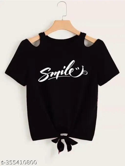 Black Lycra short-sleeved top with smile printed pattern, India