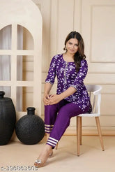 Rayon night suit for women and girls, printed with embroidered lace, comfortable short kurti with pyjamas, Indian origin