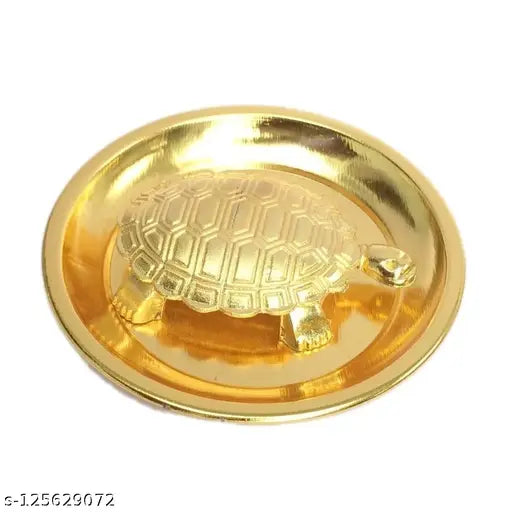 Golden brass Vastu Tortoise & Lakshmi Charan Yantra, 9cm diameter. Feng Shui showpiece for wealth, luck, and success from India