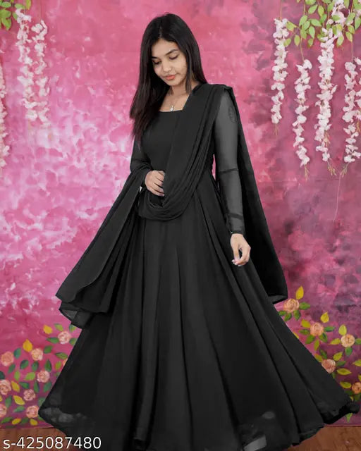 Georgette gown with 2m long gold-laced dupatta, Indian handcrafted evening wear in sizes S-XXL