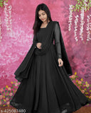 Georgette gown with 2m long gold-laced dupatta, Indian handcrafted evening wear in sizes S-XXL