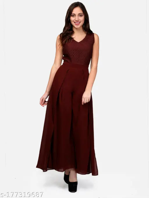 Brown Georgette lace layered jumpsuit for women, V-neck style with sleeveless design