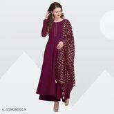 Purple Plus Women's Crepe Kurta Dupatta Set, solid pattern, full sleeve, round neck, size XS, India-made