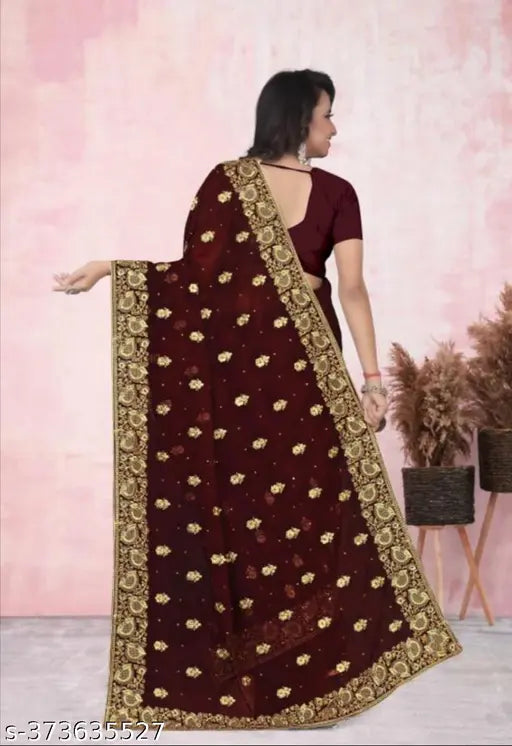 Georgette full saree with embroidered blouse, Indian party wear in free size