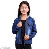 Blue denim jacket for girls, collared full sleeve, distressed finish on 8-9 years size