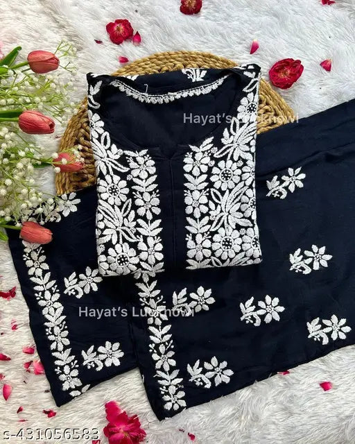 Black Chikankari rayon kurta set with embroidered palazzos, long sleeve, single piece. Available in multiple sizes: M-6XL. Handcrafted Indian ethnic wear made from 14KG rayon fabric