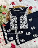 Black Chikankari rayon kurta set with embroidered palazzos, long sleeve, single piece. Available in multiple sizes: M-6XL. Handcrafted Indian ethnic wear made from 14KG rayon fabric