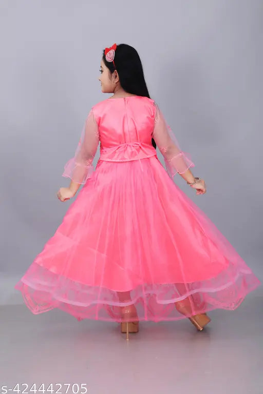 Embroidered net lehenga-choli for kids, Indian mirror work dress with three-quarter sleeves, size 5-10 years