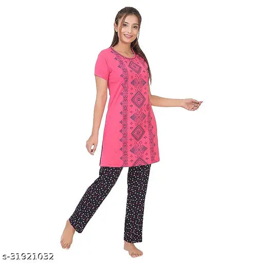 Flower printed cotton half sleeve women's night suit in India, soft, comfortable, and breathable