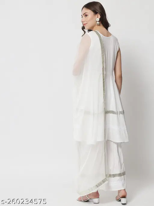 OffWhite rayon IkDaiya Fashion Women's Dupatta set, solid pattern, sleeveless kurta & sharara bottomwear for weddings, festivals, parties