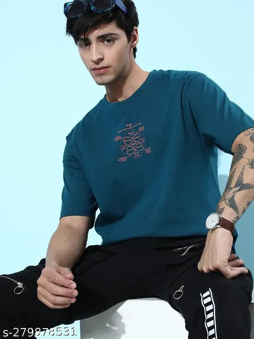 Blue cotton round-neck printed t-shirt for men, showcasing an opinionated design. Available in sizes S, M, XL (42in, 44in, 47in chest size respectively). Made in India