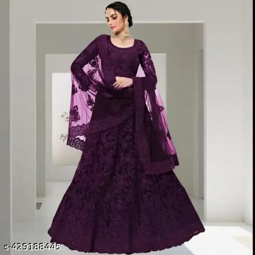 Purple net party wear sequins glitter work lehenga choli and dupatta, embroidered Indian semi-stitched ensemble (Lehenga waist size 42in, Lehenga length size 44in, Duppatta length size 12in)