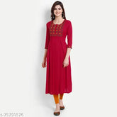 Embroidered rayon kurti-box3-red, three-quarter sleeve Indian fashion, vibrant red embroidery on model