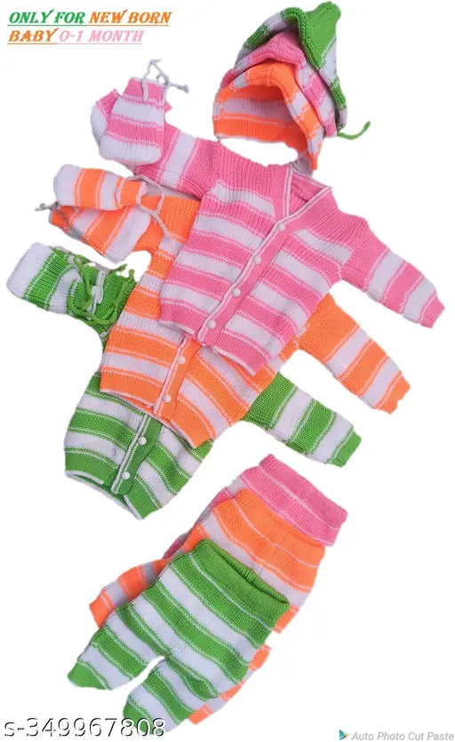 Wool striped newborn combo: sweater, payjama, cap & booties in 3 pieces - 0-3 months, India