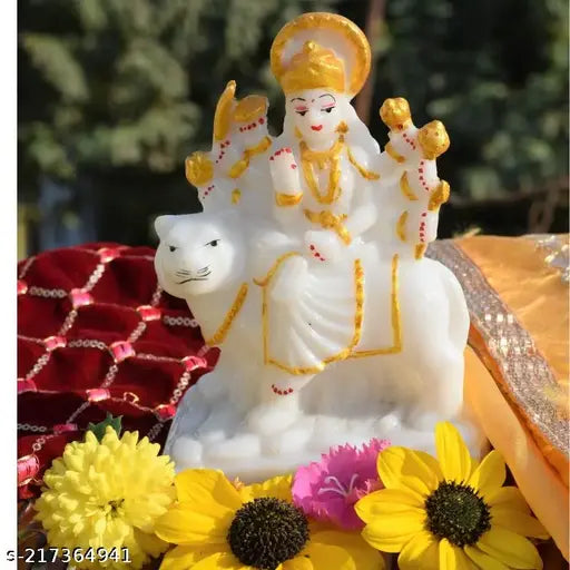 Durga Maa marble idol for home temple, pooja room, office decoration & gift - white, hand-painted, 10cm L x 14cm H x 5cm B (Pankhuri Enterprises)