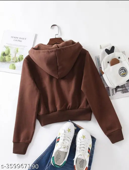 Solid fleece crop hood jacket, long sleeves, size S (bust 34in, length 20in), made in India