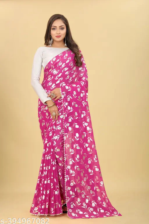 Poly Georgette printed saree with separate satin silk blouse, Indian weeding wear daily or party wear