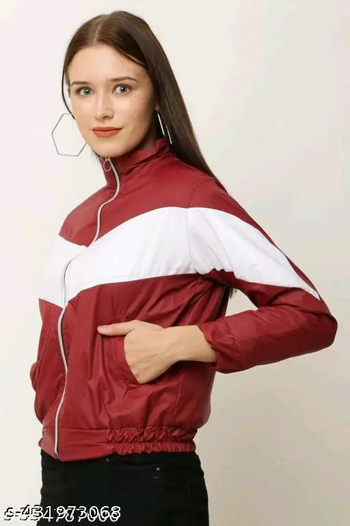 Maroon colorblocked polyester women's jacket, long sleeves style on hanger