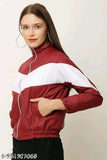 Maroon colorblocked polyester women's jacket, long sleeves style on hanger
