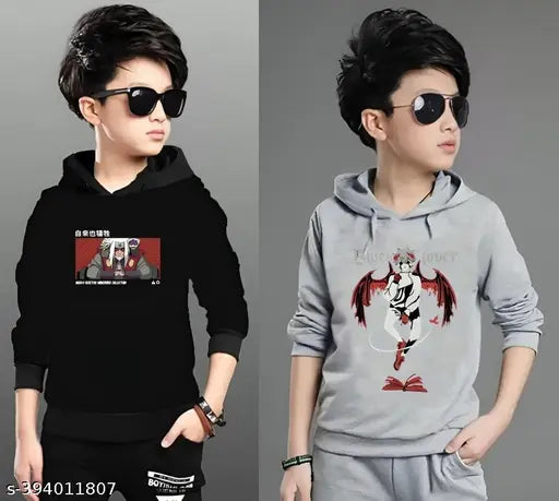 Kids boys hooded printed cotton t-shirts pack of 2, long sleeves, multiple sizes available