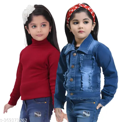 Blue & Maroon Denim Jacket Combo Pack for Girls Ages 4-8, tailored for comfort and style. Includes sizes for 4-5, 5-6, 6-7, and 7-8 years old. Made from high-quality denim and wool. Perfect for any occasion and easy to mix-and-match with other outfits. Origin: India