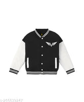 Triposh printed boys black varsity jacket with button. Cotton, long sleeves, printed pattern, suitable for winter and summer, casual or formal wear. Boys ages 3-16. Made in India