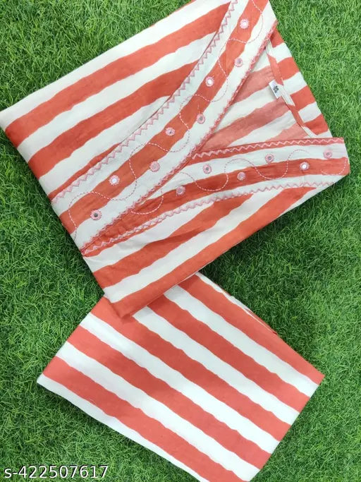 DY orange cotton striped kurti set, three-quarter sleeves, Indian cotton apparel