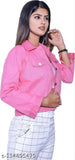 Pink solid denim women's long sleeve slim jean coat, featuring a turn-down collar and front pockets