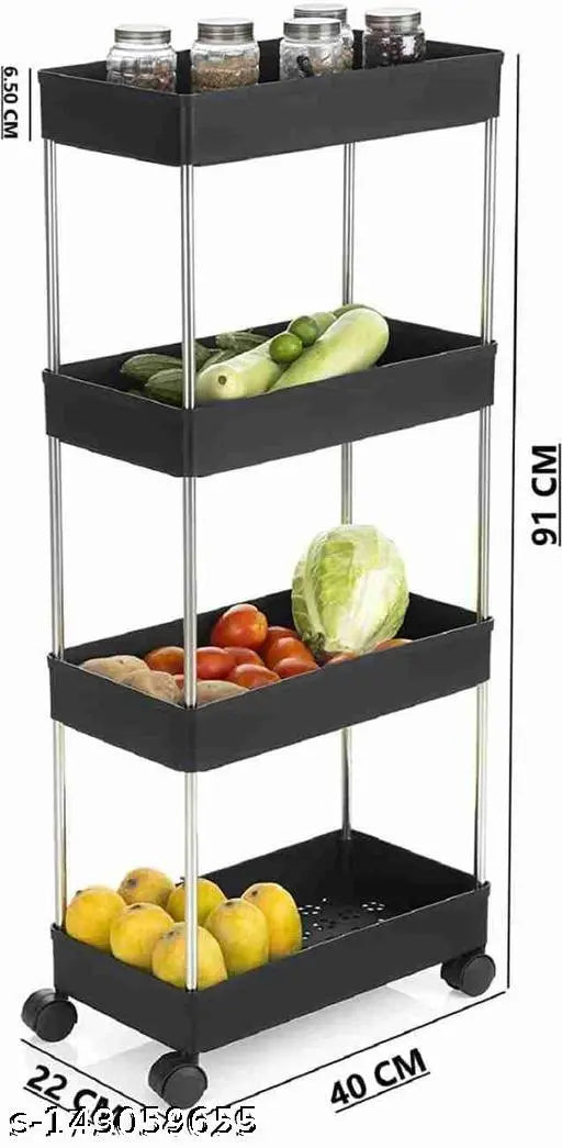 Black 4-layer vegetable rack storage organizer with wheels, ideal for kitchen and office use (91 x 40 x 22 cm)
