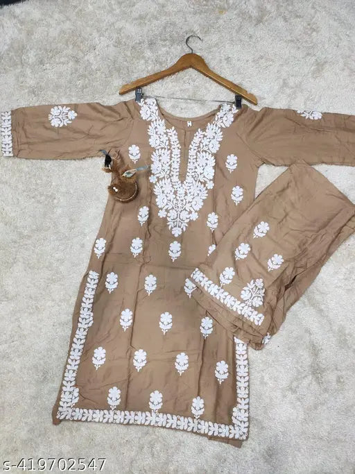 Embroidered rayon Chikankari kurti Plazzo set, three-quarter sleeve, India-made traditional Indian clothing for women